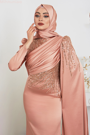 Front Draped Arm Cape Detailed Satin Noura Evening Gown - Rose - 3