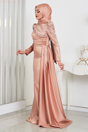 Front Draped Arm Cape Detailed Satin Noura Evening Gown - Rose - 4