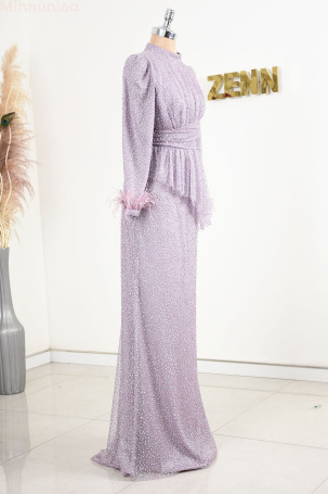 Front Draped Arms Furry Stoned Rachelle Evening Dress - Lilac - 4