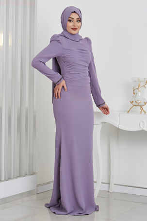 Front Draped Detailed Beaded Crepe Eliza Evening Dress - Lilac - 4