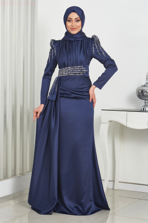 Front Draped Stone Detail Mermaid Satin Alina Evening Dress - Navy Blue - 1