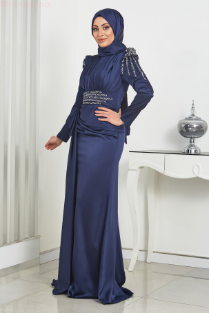 Front Draped Stone Detail Mermaid Satin Alina Evening Dress - Navy Blue - 2