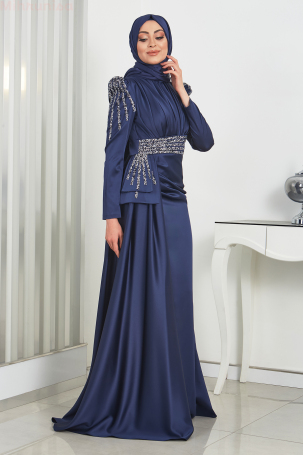 Front Draped Stone Detail Mermaid Satin Alina Evening Dress - Navy Blue - 4