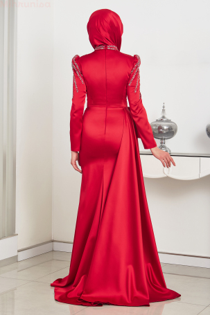 Front Draped Stone Detail Mermaid Satin Alina Evening Dress - Red - 2