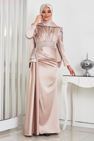 Front Draped Stone Detail Mermaid Satin Alina Evening Gown - Stone - 1