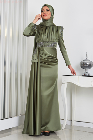 Front Draped Stone Detail Tail Satin Alina Evening Dress - Khaki - 1