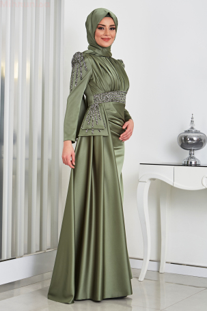 Front Draped Stone Detail Tail Satin Alina Evening Dress - Khaki - 4