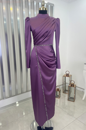 Front Draped Stone Ribbon Detail Pencil Model Satin Embroidered Dress - Lilac - 1