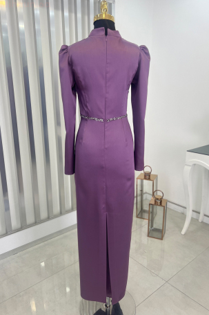 Front Draped Stone Ribbon Detail Pencil Model Satin Embroidered Dress - Lilac - 2