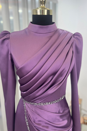 Front Draped Stone Ribbon Detail Pencil Model Satin Embroidered Dress - Lilac - 3