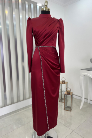 Front Draped Stone Ribbon Detail Pencil Model Satin Evening Gown - Bordeaux 