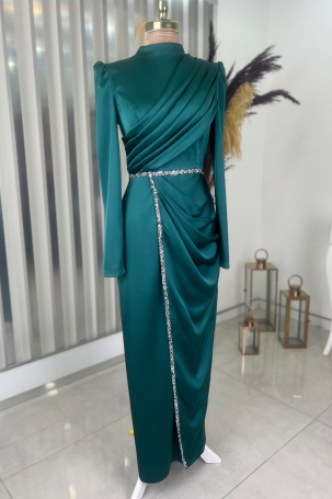 Front Draped Stone Ribbon Detail Pencil Model Satin Nare Evening Dress - Emerald - 1