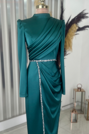 Front Draped Stone Ribbon Detail Pencil Model Satin Nare Evening Dress - Emerald - 3