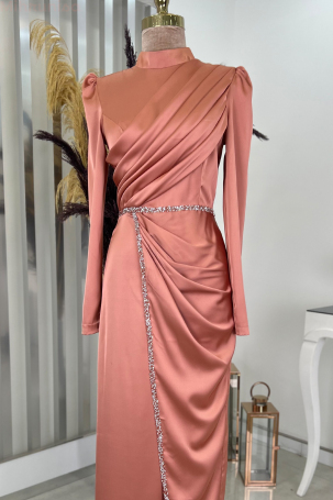 Front Draped Stone Strap Detail Pencil Model Satin Nare Evening Gown - Onion Skin - 3