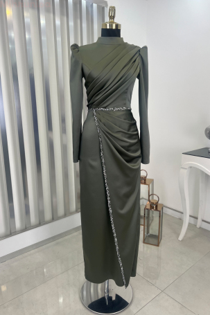 Front Draped Stone Strip Detail Pencil Model Satin Nare Evening Dress - Khaki - 1