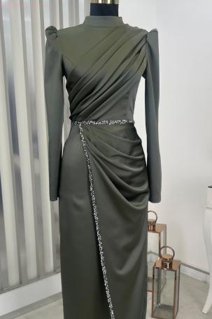 Front Draped Stone Strip Detail Pencil Model Satin Nare Evening Dress - Khaki - 4