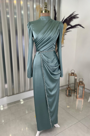 Front Draped Stone Stripe Detail Pencil Model Satin Evening Gown - Mint 