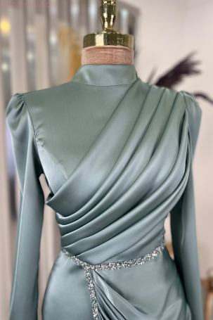 Front Draped Stone Stripe Detail Pencil Model Satin Evening Gown - Mint - 3