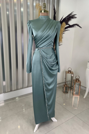 Front Draped Stone Stripe Detail Pencil Model Satin Evening Gown - Mint - 4