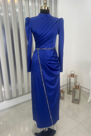 Front Draped Stone Stripe Detail Pencil Model Satin Nare Evening Dress - Cobalt Blue 