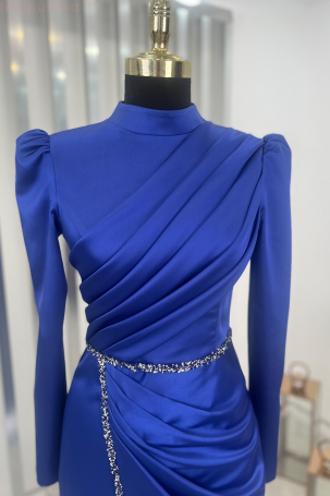 Front Draped Stone Stripe Detail Pencil Model Satin Nare Evening Dress - Cobalt Blue - 3