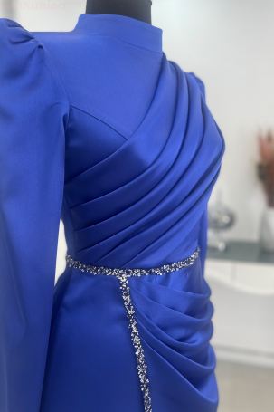 Front Draped Stone Stripe Detail Pencil Model Satin Nare Evening Dress - Cobalt Blue - 4