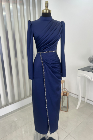 Front Draped Stone Stripe Detail Pencil Model Satin Nare Evening Dress - Navy Blue 