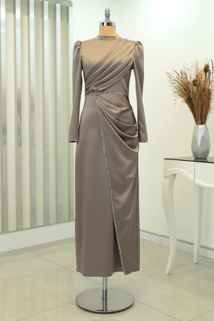 Front Draped Stone Striped Detail Pencil Model Satin Embroidered Evening Dress - Mink 