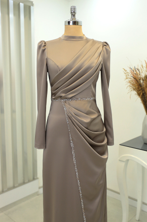 Front Draped Stone Striped Detail Pencil Model Satin Embroidered Evening Dress - Mink - 3