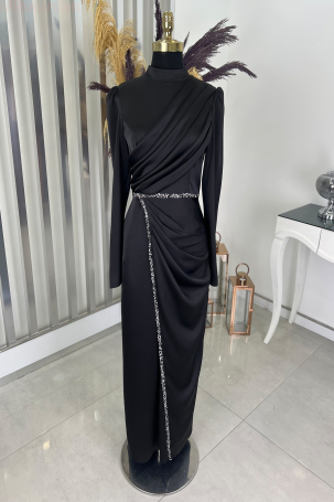 Front Draped Stone Striped Detail Pencil Model Satin Evening Dress - Black 