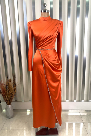 Front Draped Stone Striped Detail Pencil Model Satin Evening Dress - Orange 