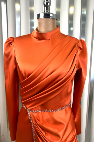 Front Draped Stone Striped Detail Pencil Model Satin Evening Dress - Orange - 3