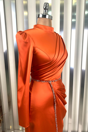 Front Draped Stone Striped Detail Pencil Model Satin Evening Dress - Orange - 4