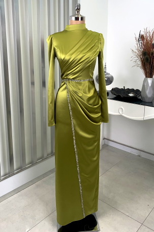 Front Draped Stone Striped Detail Pencil Model Satin Evening Gown - Olive Green - 1