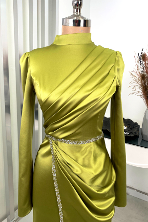 Front Draped Stone Striped Detail Pencil Model Satin Evening Gown - Olive Green - 3