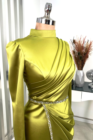 Front Draped Stone Striped Detail Pencil Model Satin Evening Gown - Olive Green - 4