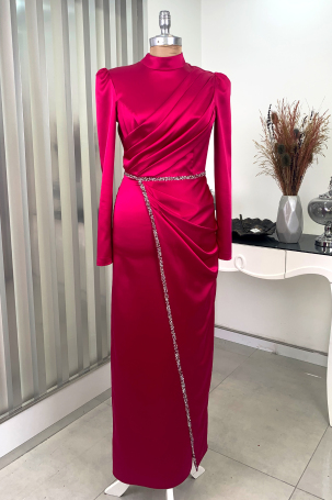 Front Draped Stone Striped Detail Pencil Model Satin Nare Evening Dress - Fuchsia - 1