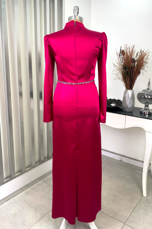 Front Draped Stone Striped Detail Pencil Model Satin Nare Evening Dress - Fuchsia - 2