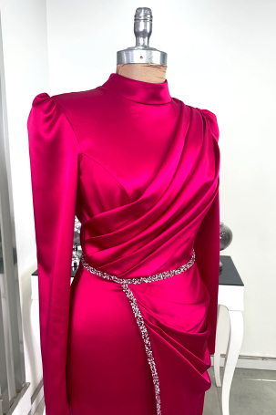 Front Draped Stone Striped Detail Pencil Model Satin Nare Evening Dress - Fuchsia - 4