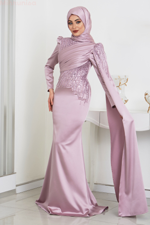 Front Flag Sleeve Cloak Detailed Satin Noura Evening Dress - Lilac - 2