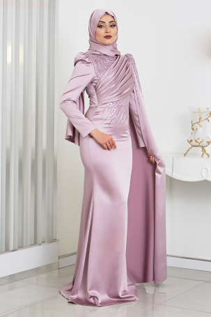 Front Flag Sleeve Cloak Detailed Satin Noura Evening Dress - Lilac - 4