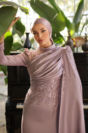 Front Flag Sleeve Cloak Detailed Satin Noura Evening Dress - Lilac - 3