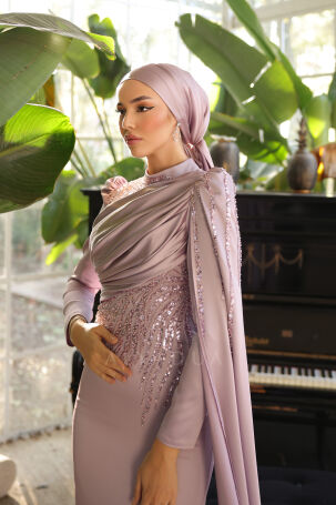 Front Flag Sleeve Cloak Detailed Satin Noura Evening Dress - Lilac - 5