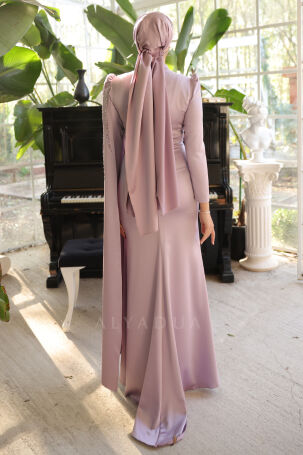 Front Flag Sleeve Cloak Detailed Satin Noura Evening Dress - Lilac - 2