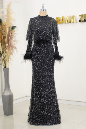 Fur Sleeve Stone Embellished Fiona Evening Dress - Black 