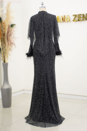 Fur Sleeve Stone Embellished Fiona Evening Dress - Black - 2