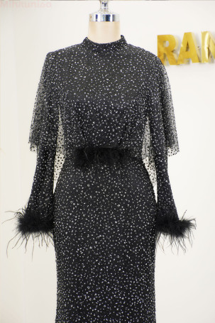 Fur Sleeve Stone Embellished Fiona Evening Dress - Black - 3