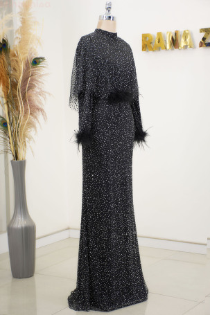 Fur Sleeve Stone Embellished Fiona Evening Dress - Black - 4