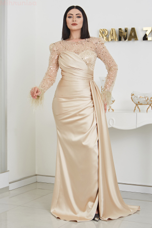 Furry Arm Beaded Linda Satin Evening Dress - Gold 