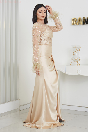 Furry Arm Beaded Linda Satin Evening Dress - Gold - 4